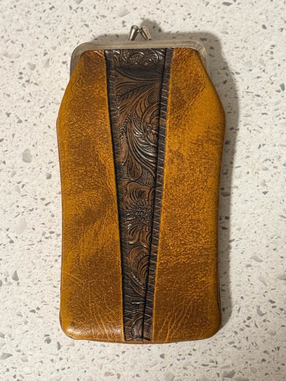 Vintage Western Tooled 2 Tone Brown Leather Kiss-lock Cigarette Case Floral